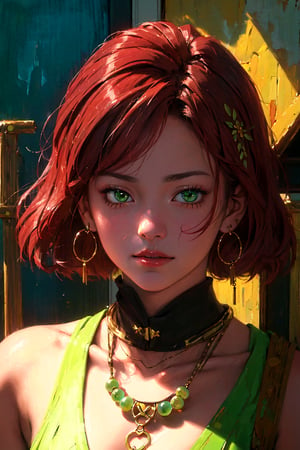 1girl, solo, Yukina, oil painting, impasto, looking at viewer, a young woman, 18 years old, red hair, shoulder length hair, green eyes, muscular body, tribal necklace, urban psychedelic outfit, psychedelic  background, masterpiece, nijistyle, niji, ,sciamano240, soft shading, yukina