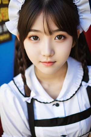 {{Beautiful and detailed eyes}, Detailed face, detailed eyes, slender face, real hands, cute Korean girlfriend 17 year old girl, perfect model body, looking at camera, sad smile, dynamic pose, white and black maid outfit, Akiba Maid Cafe , Akihabara, medium breasts, cosmetics advertising model, girlfriend girl is walking,
