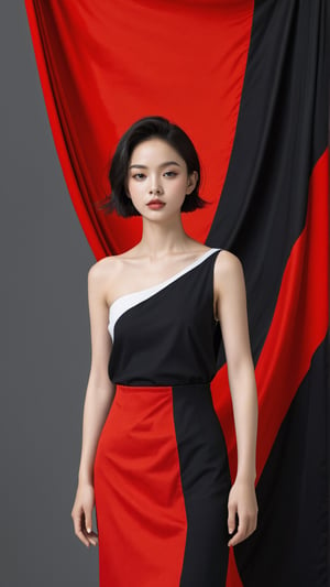 contrast,The girl is black and red,1girl,color patches,(Masterpiece, high quality, best quality, official art, beauty and aesthetics:1.2),color block background,concept clothing,garment draping,
,more detail XL