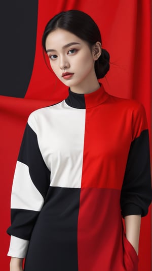 contrast,The girl is black and red,1girl,color patches,(Masterpiece, high quality, best quality, official art, beauty and aesthetics:1.2),color block background,concept clothing,garment draping,
,more detail XL