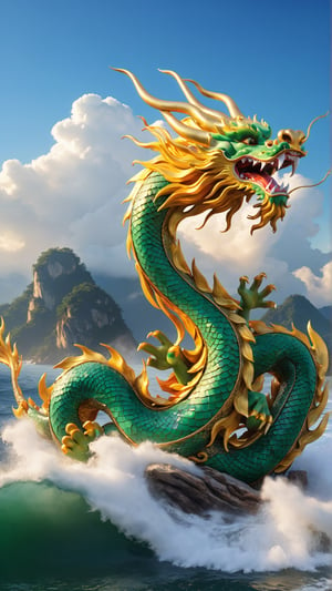 ,A Chinese_color_dragon_gods,<only one head, only two eyes:1.9>, flies to the sea, masterpiece, official art is extremely exquisite, CG unified 8k wallpaper, colorful light, gorgeous morning light, distant Jinshan, soaring in the clouds, vast sea, (turbulence: 1.2), the sea shines with colorful light, dazzling light, Chinese mythology, sea, the rising sun, constitutes an intoxicating, no humans,chinese dragon, cloud, sky, ((masterpiece, best quality)), magnificent, uhd image, best quality, 8k resolution, dynamic pose, uniform body,(jade:1.1),bailing_eastern dragon,(jade Sculpture:1.1), real person, the king of chinese dragon, petals flying all over the sky
