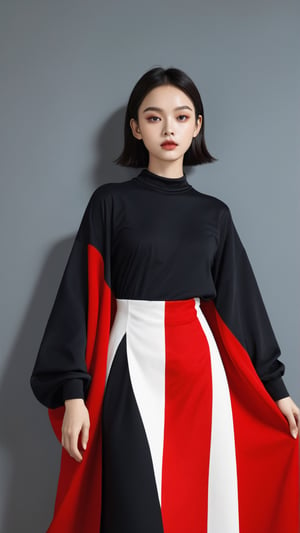 contrast,The girl is black and red,1girl,color patches,(Masterpiece, high quality, best quality, official art, beauty and aesthetics:1.2),color block background,concept clothing,garment draping,
,more detail XL