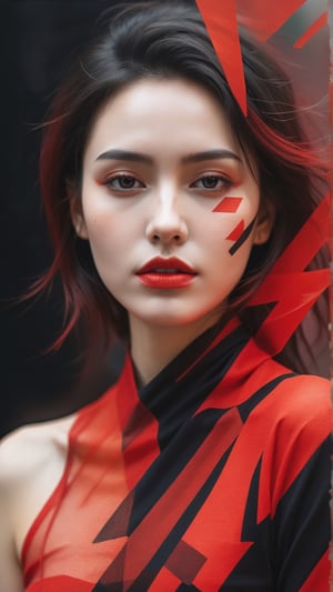 abstract portrait of 1girl,undefined gender,fragmented visual style,red and black color palette,evokes feelings of rebellion,passion,and freedom,blurred boundaries,high resolution,aesthetic, whole body
