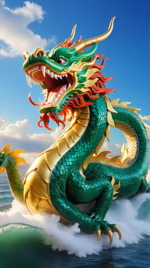 ,A Chinese_color_dragon_gods,<only one head, only two eyes:1.9>, flies to the sea, masterpiece, official art is extremely exquisite, CG unified 8k wallpaper, colorful light, gorgeous morning light, distant Jinshan, soaring in the clouds, vast sea, (turbulence: 1.2), the sea shines with colorful light, dazzling light, Chinese mythology, sea, the rising sun, constitutes an intoxicating, no humans,chinese dragon, cloud, sky, ((masterpiece, best quality)), magnificent, uhd image, best quality, 8k resolution, dynamic pose, uniform body,(jade:1.1),bailing_eastern dragon,(jade Sculpture:1.1), real person, the king of chinese dragon, petals flying all over the sky
