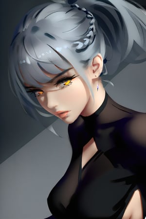 dal-15,
masterpiece, best quality, 4k, absurdres, 2D, flat colors, clear colors, white outline,

1girl, solo, Luna, close up, black dress, french braids, high ponytail, diamond cutout, silver hair, golden eyes, 
looking at viewer,
dynamic pose