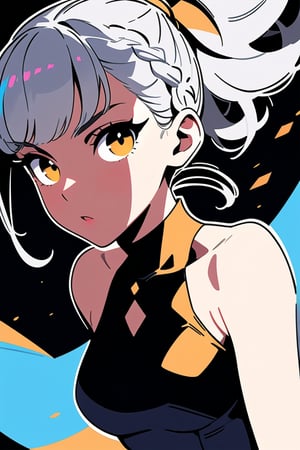 dal-14,
masterpiece, best quality, 4k, absurdres, 2D, flat colors, clear colors, white outline,

1girl, solo, Luna, close up, black dress, french braids, high ponytail, diamond cutout, silver hair, golden eyes, 
looking at viewer,
dynamic pose