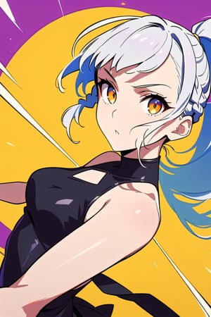 dal-24,
masterpiece, best quality, 4k, absurdres, 2D, flat colors, clear colors, white outline,

1girl, solo, Luna, close up, black dress, french braids, high ponytail, diamond cutout, silver hair, golden eyes, 
looking at viewer,
dynamic pose