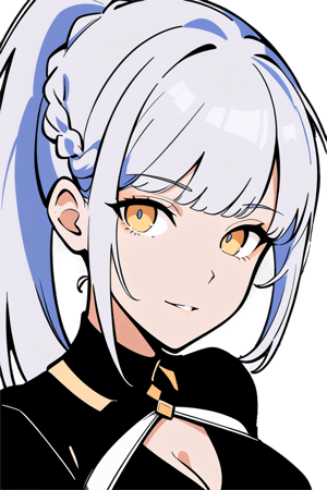 masterpiece, best quality, 4k, absurdres, 
2D, flat colors, clear colors, white outline, sfw, anime, 

1girl, solo, Luna, silver-white hair, side french braid, high ponytail, black dress, diamond cutout, cleavage cutout, gold eyes, close up, cleavage, face focus,

transparent background, simple background
