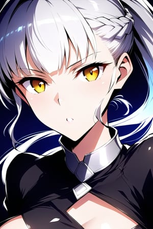 dal-26,
masterpiece, best quality, 4k, absurdres, 2D, flat colors, clear colors, white outline,

1girl, solo, Luna, close up, black dress, french braids, high ponytail, diamond cutout, silver hair, golden eyes, 
looking at viewer,
dynamic pose