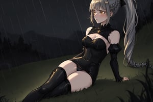 1girl, solo, (mature), ((lady)),
laying on back, exposed legs, exposed panties,
(french braids to the back), short ponytail, ((high ponytail)),
(blunt bangs), long hair, silver hair, 
(golden eyes), pale skin, blushin, shy,

open-chest dress, plain dress, short dress, black dress, long sleeves, black pantyhose, knee boots, exposed cleavage, neck covered, shoulders covered,

(mature), European, Caucasian,
medium breasts, skinny, petite, curvy, toned,

outside, dark grass, rain, night
