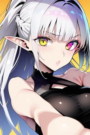 dal-25,
masterpiece, best quality, 4k, absurdres, 2D, flat colors, clear colors, white outline,

1girl, solo, Luna, close up, black dress, french braids, high ponytail, diamond cutout, silver hair, golden eyes, 
looking at viewer,
dynamic pose