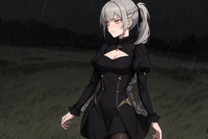 1girl, solo, (mature), ((lady)),
windy, storm, shot from ground, 

(french braids to the back), short ponytail, ((high ponytail)),
(blunt bangs), long hair, silver hair, 
(golden eyes), pale skin, blushin, shy,

open-chest dress, plain dress, short dress, black dress, long sleeves, black pantyhose, knee boots, exposed cleavage, neck covered, shoulders covered,

(mature), European, Caucasian,
medium breasts, skinny, petite, curvy, toned,

outside, dark grass, rain, night
