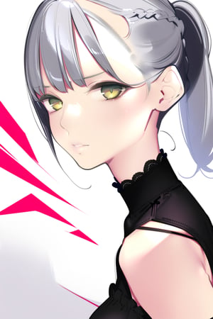 dal-16,
masterpiece, best quality, 4k, absurdres, 2D, flat colors, clear colors, white outline,

1girl, solo, Luna, close up, black dress, french braids, high ponytail, diamond cutout, silver hair, golden eyes, 
looking at viewer,
dynamic pose