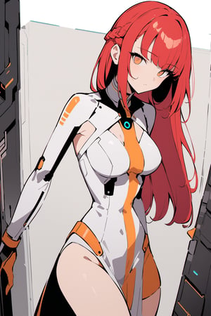 Luna with red hair, brown eyes, in futuristic cyberpunk outfit, in a dramatic pose, three-quarter shot, masterpiece, best quality, 4k, absurdres, 2D, flat colors, clear colors, white outline.