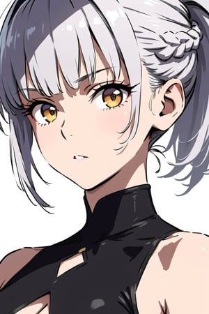 dal-23,
masterpiece, best quality, 4k, absurdres, 2D, flat colors, clear colors, white outline,

1girl, solo, Luna, close up, black dress, french braids, high ponytail, diamond cutout, silver hair, golden eyes, 
looking at viewer,
dynamic pose