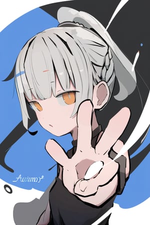 dal-19,
masterpiece, best quality, 4k, absurdres, 2D, flat colors, clear colors, white outline,

1girl, solo, Luna, close up, black dress, french braids, high ponytail, diamond cutout, silver hair, golden eyes, 
looking at viewer,
dynamic pose
