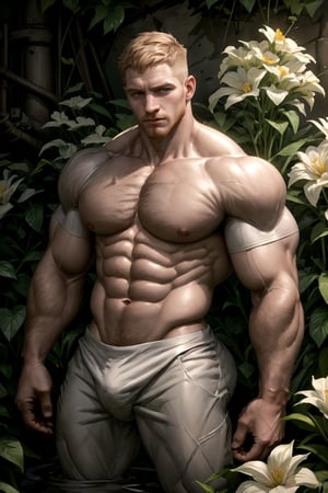 my favorite image of a handsome male miner near flowers, symmetry is excellent, highres image scan,  centrefold, professional  smooth clear clean image, no crop, exceptional well-generated symmetric perfect masculine (lantzer) male miner person, pale ginger short hair, undercut, softglow effect, matte, realistic,photorealistic,Masterpiece