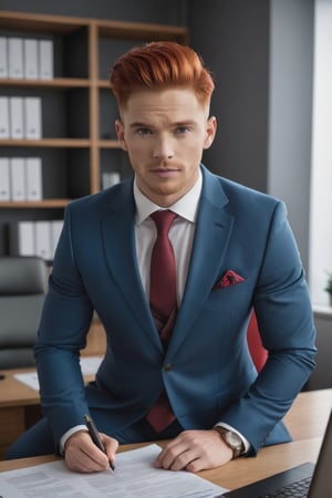 hyper-realistic photo, handsome fit muscles young man in office suit wear, photo on nikon Z7 in the office, wave red hair, cozy bright room, film grain, f1. 8, office paradise,Extremely Realistic, in different poses, working on documents