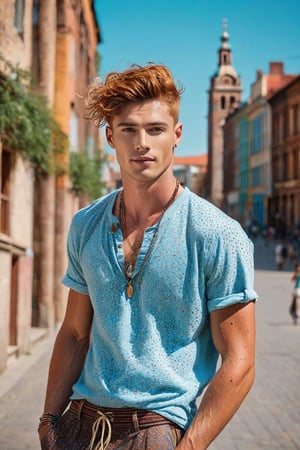 ((European male)), young, ((25 years old)), ((high school boy)), handsome, ((wave hair)), blue eyes, ((jawline)), ((freckle whole body)), ((showing upper body)), open upper chest, bohemian clothes style, bohemian jewelry, full body. in a city