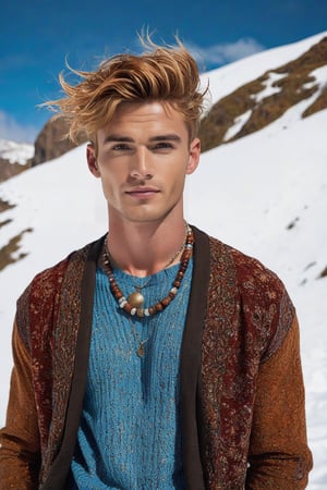 ((European male)), young, ((25 years old)), ((high school boy)), handsome, ((wave hair)), blue eyes, ((jawline)), ((freckle whole body)), ((showing upper body)), open upper chest, bohemian clothes style, bohemian jewelry, full body. on a snow mountain