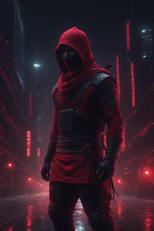 hyper Realistic, Extreme Detailed, (glitch Noise), 1 man, he is a ninja Slayer, ninja killing ninja, Dressed in crimson ninja costumes (only red color:1.4),Draped in a rich crimson garb, the ninja adorns a traditional shinobi head covering and a face-concealing mask, (crimson red Ninja costume), (wearing a very very long red scarf:1.2), (no-weapon:1.2), wearing gauntlet, they fight in the darkness of the city, Wearing a ninja mask with kanji written on it,face with shadow,(Eyes Emit strong red Light and leave a band of light:1.2), He doesn't have a weapon, raise fist Fighting pose in anger, furious, The ninja burns with anger over the death of his wife and child, and vows revenge and throws himself into a reckless battle.Brake, heavy acid rain, CyberPunk, The streets of Tokyo lined with futuristic mega buildings, golden cube floating in the sky

,Obsidian Enigma Art Style,Gric,photo r3al,neon