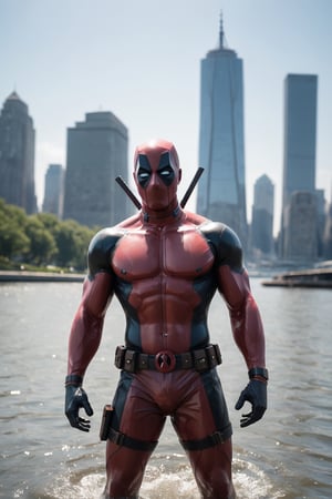 A god among mortals, Deadpool strides across the water with casual grace, his rippling muscles glistening in the sunlight. The city skyline towers in the background, a testament to his power and influence. The image is a modern masterpiece, rendered in stunning detail with legendary colors that pop off the screen. The dynamic shot captures the power and majesty of the moment, while the superrealism and cinematography bring it to life.

