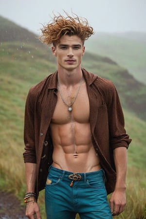 ((European male)), young, ((25 years old)), ((high school boy)), handsome, ((wave hair)), blue eyes, ((jawline)), ((freckle whole body)), ((showing upper body)), open upper chest, bohemian clothes style, bohemian jewelry, full body. on a rainy hill top