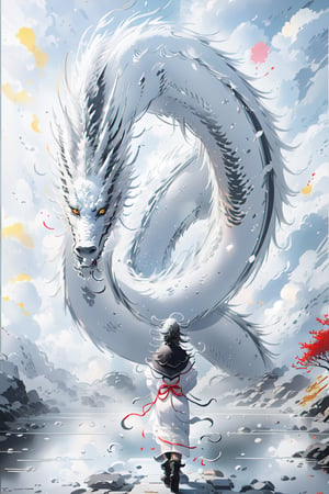 1 esatern white dragon,1girl from behind, riverside, 