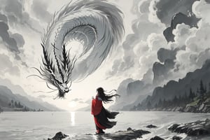1 esatern white dragon, 1girl from behide, standing on the shore, hadns up, flowing hair, flowing sleeve, riverside, 