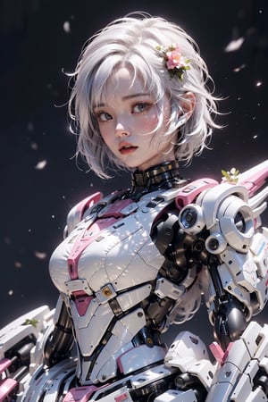 26-year-old Asian female, alone, with short white hair, messy hair, with tears,  open mouth, face the camera, white mobile armor, science fiction, the armor has black details, the armor structure is complex and layered, various panels are visible, her, midriff, the background is a ruined city, 
