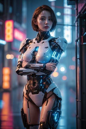 realistic, photorealistic, masterpiece, extreme detail description, best quality, ultra-detailed, absurdres, wallpaper, 8k, 
1girl, detailed face, futuristic, high-tech armor, cybernetics, petite, brown hair, short hair, blue_pupils, white|black suit,second human body,  (body visible1.3), (human legs visible 1.3), narrow waist, one hand on her waist, cyberpunk,REALISTIC,Sci Fi,Mecha body,Mecha, Energy light particle mecha,cYbeR