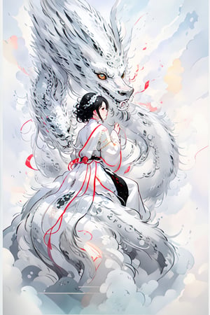 1 esatern white dragon,1girl from behind, sitting,  riverside, 