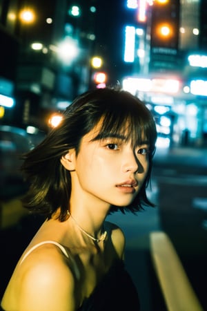 A 32-year-old Asian woman, noble, (((thin))), short hair, messy hair, Tulle Layered Tutu, necklace, 
Seductive Glance, High heels showcase, 
city, hong kong, Night, 
low key lighting, dutch angle, With Film Grain, Rule of Thirds, 