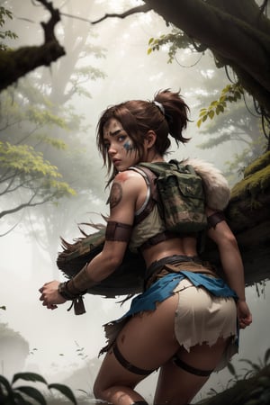 realistic, photorealistic, masterpiece, extreme detail description, best quality, ultra-detailed, absurdres, wallpaper, 8k, 
A young female warrior, full body, with a single ponytail, Asian face, oval face shape, blue eyes, brown skin, wearing a (torn white sleeveless tunic skirt), with wounds on her face, in a combat posture, Focused eyes, in a misty jungle shrouded in mist, with sunlight shining from behind,Ellie Williams