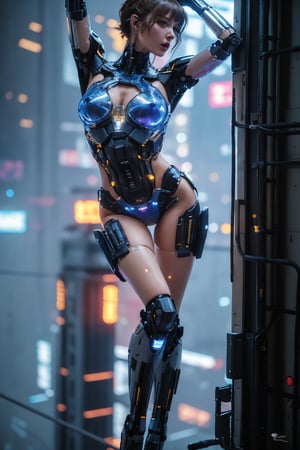 realistic, photorealistic, masterpiece, extreme detail description, best quality, ultra-detailed, absurdres, wallpaper, 8k, 
1girl, detailed face, futuristic, high-tech armor, cybernetics, petite, brown hair, short hair, blue_pupils, white|black suit,second human body,  (body visible1.3), (human legs visible 1.3), narrow waist, one hand on her waist, cyberpunk,REALISTIC,Sci Fi,Mecha body,Mecha, Energy light particle mecha,cYbeR