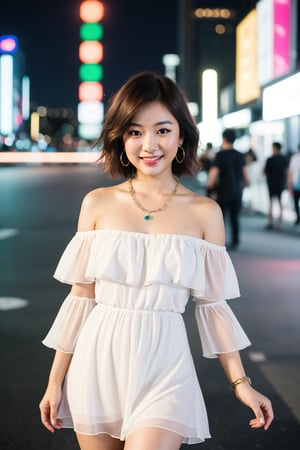 actual, best quality, ultrahighres, masterpiece, realistic 

Full body, 85mm portrait lens, 1 girl, solo, 22-year-old Asian face, brown | messy | short hair, (flat chest), wearing a white chiffon off-shoulder dress, simple Necklaces and earrings, at night, Giggling, Jumping shot, at the urban business district, neon lights,