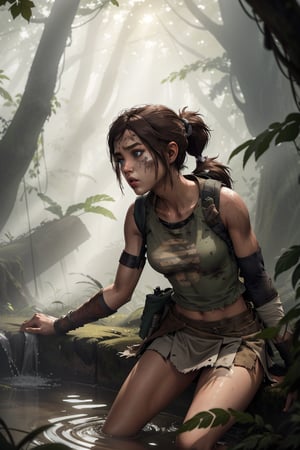 realistic, photorealistic, masterpiece, extreme detail description, best quality, ultra-detailed, absurdres, wallpaper, 8k, 
A young female warrior, full body, with a single ponytail, Asian face, oval face shape, blue eyes, brown skin, wearing a (torn white sleeveless tunic skirt), with wounds on her face, in a combat posture, Focused eyes, in a misty jungle shrouded in mist, with sunlight shining from behind,Ellie Williams,More Detail