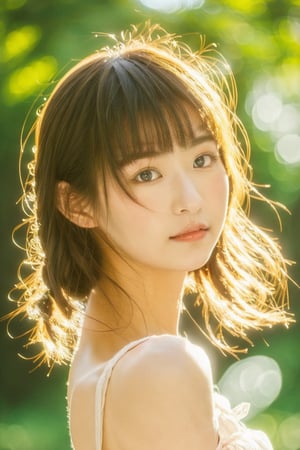 A 20 years old Japanese girl, hime cut, Charming Side Glance, Head tilt, fliphair, park,