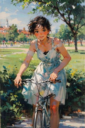 impressionist, 1girl, age 26, thin, smile, slip dress, driving a bicycle