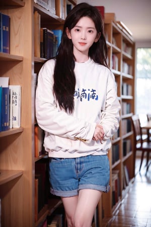 1girl, Take a photo wearing a school uniform,standing in library background, denim shirt, sexy legs