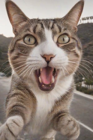 a cat taking a selfi photo with its mouth open, with a paw reaching out, eyes wide open. the background is the Hollywood sign. hyperdetailed photography