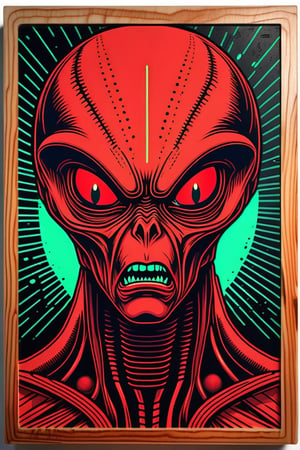 an angry alien.  neoncore, graphic interface, wood block print art piece