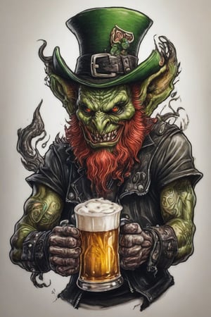 demonic biker leprechaun holding a beer.  tattoo art style.