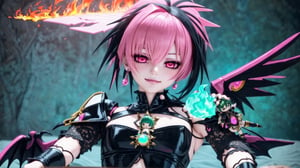 filthy_demon anime_doll,mohawk_hairstyle black_bangs shaved_sides,squinting fire_opal_eyes,slim_body,curvy hips,1wing black,tattered_torn_punk_clothing,smirk,real-doll_style, doll_joints,pink,jade,80's_style glamour_shots,realistic photograph, source lighting, rim lighting, radial lighting,color-boost,intricate, ornate, elegant and refined,glowing-jade and pink-illumination,3D,Action figure,Action Figure,Anime,Doll,Fashion,demon,body,witch, ,best quality