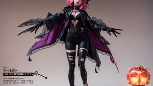 photography,anime doll,punk-hair,anime_saphire-eyes,slim-body,curvy hips,1wing black,tattered-torn-punk-clothing,pursed lips,real-doll-style, doll-joints,80's-style glamour-shot,realistic photograph, source lighting, rim lighting, radial lighting,color-boost,intricate, ornate, elegant and refined,glowing-blacklight-illumination,3D,Action Figure,Anime,Doll,Fashion,best quality,masterpiece