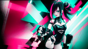 1girl,punk-hair,anime_eyes,slim-body,curvy hips,1wing black,tattered-torn-punk-clothing,pursed lips,real-doll-style, doll-joints,80's-style glamour-shot,intricate, ornate, elegant and refined,glowing-emerald neon_pink-illumination,3D