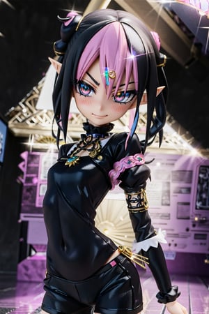 anime-doll age21,doll-joints,half-punk-hair,sly-opal-anime-eyes,smug,blushing,slender-body,elf-punk, crop_top,midrift,spandex-boyshorts,gilded opal,source lighting,radial lighting,intricate, ornate, elegant,sunray-illumination,3D,Goth