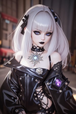 realistic photography,anime doll-girl,doll joints,half-punk-hair,sly anime-eyes,smug,slim-body,curvy hips,glamorous-fashion,realistic photograph,source lighting, rim lighting, radial lighting,color-boost,intricate, ornate, elegant and refined,glowing-illumination,3D,Goth,best quality,masterpiece,pvc