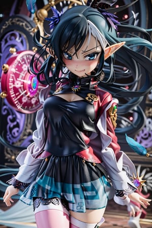 anime-doll age21,doll-joints,half-punk-hair,sly-opal-anime-eyes,smug,blushing,slender-body,elf_punk, fur&feathers,opal,source lighting,radial lighting,intricate, ornate, elegant,sunray-illumination,3D,Goth