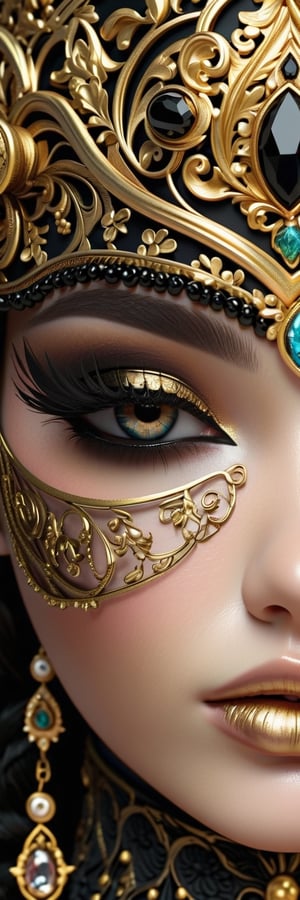 An ornate closeup face, girl 19 yo, baroque embellishments, delicate filigree, gold and obsidian  accents, high-resolution, regal mechanical complexity, intricate gold and obsidian textures.